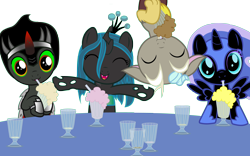 Size: 4800x3000 | Tagged: safe, artist:beavernator, character:discord, character:king sombra, character:nightmare moon, character:princess luna, character:queen chrysalis, species:alicorn, species:draconequus, species:pony, species:unicorn, :3, :o, absurd resolution, antagonist, colt, cute, cutealis, discute, drink, drinking, eyes closed, female, filly, floating, looking at you, male, milkshake, milkshake ponies, moonabetes, nightmare woon, nymph, open mouth, simple background, smiling, sombradorable, transparent background, upside down, young