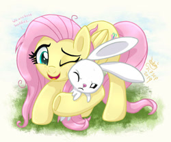Size: 1093x910 | Tagged: safe, artist:joakaha, character:angel bunny, character:fluttershy, species:pegasus, species:pony, species:rabbit, episode:she talks to angel, g4, my little pony: friendship is magic, angelbetes, animal, cute, dawwww, dialogue, duo, female, folded wings, hnnng, hug, male, mare, one eye closed, open mouth, shyabetes, smiling, weapons-grade cute, wings, wink