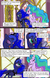 Size: 1989x3072 | Tagged: safe, artist:docwario, character:princess celestia, character:princess luna, species:alicorn, species:pony, comic:royal chores, angry, comic, dialogue, eyes closed, jewelry, necklace, open mouth, royal sisters, speech bubble