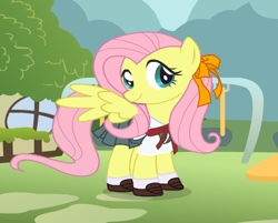 Size: 499x402 | Tagged: safe, artist:user15432, character:fluttershy, species:pegasus, species:pony, bow, bow tie, clothing, cute, dressup, dressup game, hair bow, pleated skirt, school uniform, schoolgirl, shoes, skirt, socks, starsue, uniform