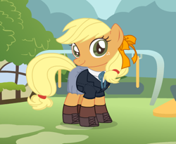 Size: 488x401 | Tagged: safe, artist:user15432, character:applejack, species:earth pony, species:pony, bow, bow tie, clothing, dressup, dressup game, hair bow, school uniform, schoolgirl, shoes, socks, starsue, uniform