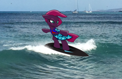 Size: 2322x1494 | Tagged: safe, artist:ejlightning007arts, character:tempest shadow, species:pony, species:unicorn, bipedal, broken horn, clothing, eye scar, hawaii, horn, irl, ocean, photo, ponies in real life, sail boat, sarong, scar, surfboard, surfing, swimsuit, wave