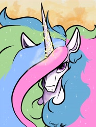 Size: 3072x4096 | Tagged: safe, artist:greyscaleart, character:princess celestia, species:alicorn, species:pony, abstract background, bust, female, hair over one eye, horn, looking at you, mare, solo, sparking horn