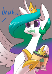 Size: 2480x3508 | Tagged: safe, artist:underpable, character:princess celestia, species:alicorn, species:pony, bruh, female, food, ice cream, implied princess luna, jewelry, majestic as fuck, mare, messy eating, note, offscreen character, regalia, spread wings, text, this will end in tears, this will end in tears and/or death, wingboner, wings