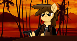 Size: 10235x5457 | Tagged: safe, artist:ejlightning007arts, oc, oc:ej, species:pony, cast, clothing, crossover, gun, male, orange background, palm tree, ponified, scarface, serious, serious face, simple background, stallion, table, tree, weapon