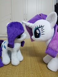 Size: 1440x1920 | Tagged: safe, artist:nekokevin, character:rarity, species:pony, species:unicorn, 4de, duality, duo, female, irl, looking at each other, mare, photo, plushie, ponidox, self ponidox, size difference, smiling