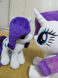 Size: 1440x1920 | Tagged: safe, artist:nekokevin, character:rarity, species:pony, species:unicorn, 4de, duality, duo, female, imminent noseboop, irl, looking at each other, lying down, mare, photo, plushie, ponidox, self ponidox, size difference, smiling