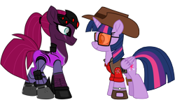 Size: 8922x5114 | Tagged: safe, artist:ejlightning007arts, character:tempest shadow, character:twilight sparkle, character:twilight sparkle (alicorn), species:alicorn, species:pony, ship:tempestlight, boots, clothing, crossover, eye scar, female, hat, lesbian, looking at each other, overwatch, ponytail, scar, shipping, shoes, simple background, sniper, sunglasses, team fortress 2, transparent background, twilight sniper, vector, watch, widowmaker, widowtempest