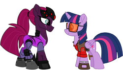 Size: 8922x5114 | Tagged: safe, alternate version, artist:ejlightning007arts, edit, character:tempest shadow, character:twilight sparkle, character:twilight sparkle (alicorn), species:alicorn, species:pony, ship:tempestlight, absurd resolution, boots, crossover, eye scar, female, lesbian, looking at each other, overwatch, ponytail, scar, shipping, shoes, simple background, sniper, sunglasses, team fortress 2, transparent background, twilight sniper, vector, watch, widowmaker, widowtempest