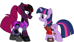 Size: 8922x5114 | Tagged: safe, alternate version, artist:ejlightning007arts, edit, character:tempest shadow, character:twilight sparkle, character:twilight sparkle (alicorn), species:alicorn, species:pony, ship:tempestlight, boots, crossover, eye scar, female, lesbian, looking at each other, overwatch, ponytail, scar, shipping, shoes, simple background, sniper, team fortress 2, transparent background, twilight sniper, vector, watch, widowmaker, widowtempest