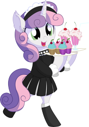 Size: 5416x7740 | Tagged: safe, artist:cyanlightning, character:sweetie belle, species:pony, species:unicorn, g4, .svg available, absurd resolution, bipedal, clothing, cupcake, cute, diasweetes, dress, ear fluff, female, filly, food, maid, milkshake, simple background, socks, solo, stockings, thigh highs, transparent background, vector