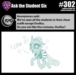 Size: 800x783 | Tagged: safe, artist:sintakhra, character:ocellus, species:changeling, species:reformed changeling, tumblr:studentsix, episode:2-4-6 greaaat, cheerleader ocellus, cheerleader outfit, clothing, cute, cuteling, diaocelles, female, heart, open mouth, smiling, solo, teenager
