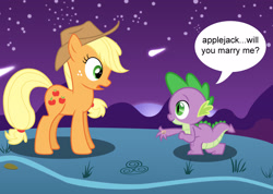 Size: 2880x2045 | Tagged: safe, artist:porygon2z, character:applejack, character:spike, species:dragon, species:earth pony, species:pony, ship:applespike, dialogue, female, male, mare, marriage proposal, night, shipping, shooting star, speech bubble, straight