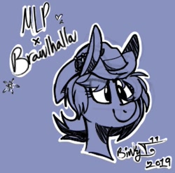 Size: 1019x1006 | Tagged: safe, artist:binkyt11, species:earth pony, species:pony, blue background, brawlhalla, bust, cassidy (brawlhalla), clothing, crossover, female, hat, mare, marshal, monochrome, ponified, simple background, solo