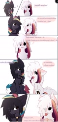 Size: 1024x2177 | Tagged: safe, artist:little-sketches, oc, oc:ayaka, oc:masashi, species:earth pony, species:pony, comic:the perfect dinner, chest fluff, collar, dialogue, ear fluff, female, hair over eyes, male, mare, multicolored hair, ponified, species swap, speech bubble, stallion, text