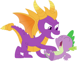 Size: 1808x1432 | Tagged: safe, artist:porygon2z, character:spike, species:dragon, claws, crossover, laughing, male, spread toes, spyro the dragon, tickling
