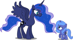 Size: 5189x2813 | Tagged: safe, artist:dashiesparkle edit, artist:zacatron94, edit, editor:slayerbvc, character:princess luna, species:alicorn, species:pony, accessory-less edit, barehoof, duality, eye contact, female, filly, inverted mouth, looking at each other, looking down, looking up, mare, missing accessory, ponidox, raised hoof, self ponidox, simple background, smiling, time paradox, transparent background, vector, vector edit, woona, younger