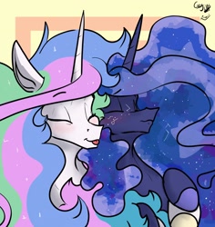 Size: 2010x2126 | Tagged: safe, artist:greyscaleart, character:princess celestia, character:princess luna, species:alicorn, species:pony, abstract background, blep, colored hooves, constellation freckles, cute, cutelestia, duo, eyes closed, female, freckles, greyscaleart is trying to murder us, hug, lunabetes, mare, royal sisters, tongue out