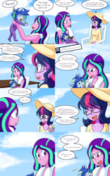 Size: 2000x3200 | Tagged: safe, artist:jake heritagu, character:aria blaze, character:twilight sparkle, character:twilight sparkle (scitwi), oc, oc:sparkling sapphire, parent:sci-twi, parent:sunset shimmer, parents:scitwishimmer, species:eqg human, comic:aria's archives, my little pony:equestria girls, bikini, chair, clothing, comic, dialogue, female, grimdark series, implied lesbian, implied shipping, implied sunblaze, implied sunsetsparkle, magical lesbian spawn, offspring, questionable series, speech bubble, swimsuit, towel