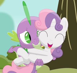 Size: 919x870 | Tagged: safe, artist:porygon2z, character:spike, character:sweetie belle, species:dragon, species:pony, ship:spikebelle, cute, diasweetes, eyes closed, female, filly, holding a pony, hug, male, shipping, straight, tree