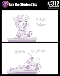 Size: 800x1023 | Tagged: safe, artist:sintakhra, character:silverstream, species:hippogriff, tumblr:studentsix, cute, desk, diastreamies, exhausted, female, inkwell, monday, monochrome, notepad, solo, tired