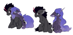 Size: 2560x1235 | Tagged: safe, artist:little-sketches, character:king sombra, character:princess luna, species:alicorn, species:pony, species:unicorn, ship:lumbra, alternate design, chest fluff, colored horn, ear fluff, female, hair over eyes, horn, male, one hoof raised, shipping, simple background, sitting, straight, white background