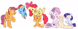 Size: 6034x2233 | Tagged: safe, artist:chub-wub, character:apple bloom, character:applejack, character:rainbow dash, character:rarity, character:scootaloo, character:sweetie belle, species:earth pony, species:pegasus, species:pony, episode:growing up is hard to do, g4, my little pony: friendship is magic, age progression, age regression, age swap, chest fluff, cute, cutie mark, cutie mark crusaders, digital art, eye clipping through hair, eyebrows, eyebrows visible through hair, female, filly, flying, mare, older, older apple bloom, older cmc, older scootaloo, older sweetie belle, profile, role reversal, siblings, simple background, sisters, sitting, the cmc's cutie marks, three quarter view, underhoof, white background