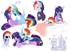 Size: 2346x1728 | Tagged: safe, artist:little-sketches, character:rainbow dash, character:twilight sparkle, character:twilight sparkle (alicorn), oc, oc:nao, parent:rainbow dash, parent:twilight sparkle, parents:twidash, species:alicorn, species:pegasus, species:pony, ship:twidash, alicorn oc, alternate design, baby, baby pony, bedtime story, book, chest fluff, chibi, cloak, clothing, colt, female, floppy ears, lesbian, magical lesbian spawn, male, mare, mother and son, offspring, preglight sparkle, pregnant, reading, shipping, stallion