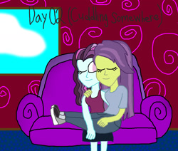 Size: 1500x1270 | Tagged: safe, artist:ktd1993, character:principal abacus cinch, character:victoria, my little pony:equestria girls, 30 day otp challenge, cinchtoria, couch, cuddling, female, lesbian, victoria