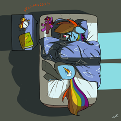 Size: 3000x3000 | Tagged: safe, artist:docwario, artist:friendshipishorses, edit, character:rainbow dash, character:twilight sparkle, species:pegasus, species:pony, g4, alarm clock, bed, bedsheets, bedside stand, blanket, book, clock, color edit, colored, cutie mark, dashtober, female, floppy ears, mare, morning, morning ponies, pillow, plushie, profile, sad, solo, waking up