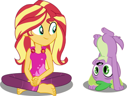 Size: 3712x2806 | Tagged: safe, artist:marcorois, artist:red4567, edit, editor:slayerbvc, character:spike, character:spike (dog), character:sunset shimmer, species:dog, episode:wake up!, g4, my little pony: equestria girls, my little pony:equestria girls, spoiler:choose your own ending (season 2), spoiler:eqg series (season 2), absurd resolution, barefoot, clothing, crossed legs, feet, geode of empathy, magical geodes, missing accessory, pants, pawstand, simple background, sitting, transparent background, upside down, vector, vector edit, wake up!: rainbow dash, yoga, yoga pants