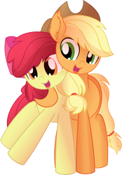 Size: 5996x8604 | Tagged: safe, artist:cyanlightning, character:apple bloom, character:applejack, species:earth pony, species:pony, episode:growing up is hard to do, g4, my little pony: friendship is magic, .svg available, absurd resolution, adorabloom, clothing, cute, duo, female, hat, hug, jackabetes, lidded eyes, mare, older, older apple bloom, siblings, simple background, sisterly love, sisters, sitting, transparent background, vector