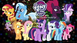 Size: 3840x2160 | Tagged: safe, artist:ejlightning007arts, character:applejack, character:fluttershy, character:pinkie pie, character:rainbow dash, character:rarity, character:spike, character:starlight glimmer, character:sunset shimmer, character:tempest shadow, character:trixie, character:twilight sparkle, character:twilight sparkle (alicorn), species:alicorn, species:dragon, species:earth pony, species:pegasus, species:pony, species:unicorn, anniversary, broken horn, clothing, eyes closed, glitter, happy birthday mlp:fim, hat, horn, mane seven, mane six, mlp fim's ninth anniversary, open mouth, rainbow, raised hoof, wallpaper, winged spike