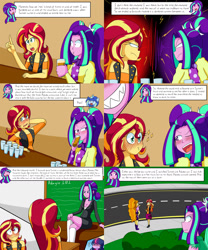 Size: 2000x2400 | Tagged: safe, artist:jake heritagu, character:adagio dazzle, character:aria blaze, character:sunset shimmer, character:twilight sparkle, character:twilight sparkle (scitwi), oc, oc:sparkling sapphire, parent:sci-twi, parent:sunset shimmer, parents:scitwishimmer, species:eqg human, comic:aria's archives, ship:sunblaze, ship:sunsagio, ship:sunsetsparkle, my little pony:equestria girls, alcohol, bar, blushing, blushing profusely, chalkboard, clothing, comic, dialogue, drunk, female, flashback, glasses, grimdark series, lesbian, magical lesbian spawn, offspring, questionable series, shipping, speech bubble, suit, sunblaze