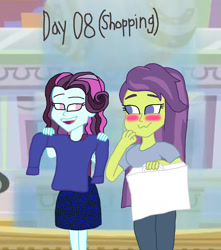 Size: 1500x1697 | Tagged: safe, artist:ktd1993, character:principal abacus cinch, character:victoria, my little pony:equestria girls, 30 day otp challenge, blushing, cinchtoria, clothing, female, lesbian, mall, sweater, victoria