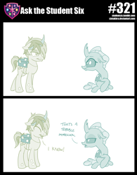 Size: 800x1026 | Tagged: safe, artist:sintakhra, character:ocellus, character:sandbar, species:changeling, species:pony, species:reformed changeling, tumblr:studentsix, 2 panel comic, clothing, comic, cosplay, costume, cute, dialogue, diaocelles, duo, duo male and female, female, foal, impressions, male, nightmare night costume, ocellus is not amused, sandabetes, teenager, unamused