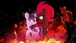Size: 3840x2160 | Tagged: safe, artist:ejlightning007arts, character:tempest shadow, character:twilight sparkle, character:twilight sparkle (alicorn), species:alicorn, species:pony, species:unicorn, ship:tempestlight, broken horn, cute, female, fire, horn, lesbian, locket, looking at each other, shipping, wallpaper