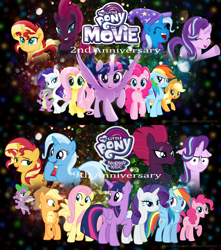 Size: 3889x4399 | Tagged: safe, artist:ejlightning007arts, character:applejack, character:fluttershy, character:pinkie pie, character:rainbow dash, character:rarity, character:spike, character:starlight glimmer, character:sunset shimmer, character:tempest shadow, character:trixie, character:twilight sparkle, character:twilight sparkle (alicorn), species:alicorn, species:dragon, species:earth pony, species:pegasus, species:pony, species:unicorn, my little pony: the movie (2017), :i, anniversary, broken horn, clothing, eye scar, happy birthday mlp:fim, hat, horn, i mean i see, lidded eyes, mane seven, mane six, mlp fim's ninth anniversary, mlp movie anniversary, open mouth, raised hoof, scar, trixie's hat, wallpaper, winged spike