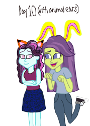 Size: 1500x2097 | Tagged: safe, artist:ktd1993, character:principal abacus cinch, character:victoria, species:fox, species:rabbit, my little pony:equestria girls, 30 day otp challenge, animal, animal ears, bunny ears, cinchtoria, converse, female, fox ears, lesbian, shoes, victoria