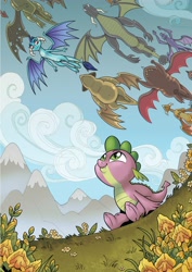 Size: 2550x3600 | Tagged: safe, artist:brendahickey, character:princess ember, character:spike, species:dragon, clump, cute, dragon migration, dragoness, female, flower, flying, happy, looking at something, looking up, male, mountain, scenery, sitting, spikabetes, spread wings, viverno, wings