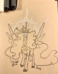 Size: 1603x2048 | Tagged: safe, artist:greyscaleart, character:princess celestia, species:alicorn, species:pony, inktober, female, halo, looking at you, monochrome, signature, solo, spread wings, traditional art, wings