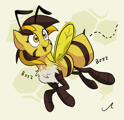 Size: 1024x990 | Tagged: safe, artist:docwario, oc, oc only, abstract background, bee, bee pony, bugs doing bug things, chest fluff, female, flying, insect, original species, smiling, solo