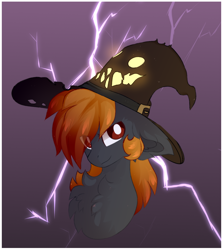 Size: 1104x1240 | Tagged: safe, artist:little-sketches, oc, species:pony, bust, chest fluff, clothing, hat, lightning, male, portrait, solo, stallion, team fortress 2, witch hat