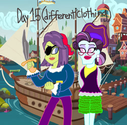 Size: 1500x1474 | Tagged: safe, artist:jeatz-axl, artist:ktd1993, character:principal abacus cinch, character:victoria, my little pony:equestria girls, 30 day otp challenge, boat, cinchtoria, eyepatch, female, glasses, lesbian, pier, pirate, seaward shoals, sword, victoria, weapon