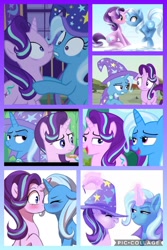 Size: 682x1024 | Tagged: safe, artist:marissa8224, artist:scarlet-spectrum, artist:verawitch, artist:whisperseas, character:starlight glimmer, character:trixie, species:pony, species:unicorn, ship:startrix, episode:no second prances, g4, my little pony: friendship is magic, accessory swap, blushing, boop, bust, collage, cute, duo, eyes closed, female, lesbian, lidded eyes, looking at each other, magic, mare, noseboop, portrait, scrunchy face, shipping, simple background, sitting, smiling, telekinesis, underhoof, watermark