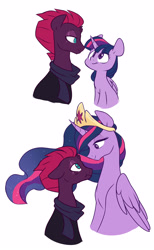 Size: 2342x3813 | Tagged: safe, artist:chub-wub, character:tempest shadow, character:twilight sparkle, character:twilight sparkle (alicorn), species:alicorn, species:pony, species:unicorn, ship:tempestlight, episode:the last problem, g4, my little pony: friendship is magic, :t, broken horn, clothing, digital art, eye contact, eye scar, female, height difference, horn, lesbian, looking at each other, older, older tempest shadow, older twilight, princess twilight 2.0, scar, scarf, scrunch, sexual tension, ship it like fedex, shipping, simple background, size difference, smiling, then and now, white background