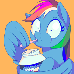Size: 1440x1440 | Tagged: safe, artist:docwario, character:rainbow dash, species:pegasus, species:pony, caught, cooking with jack, dashtober, eating, female, food, mayonnaise, miracle whip, pure unfiltered evil, sauce, solo, wing hands, wings