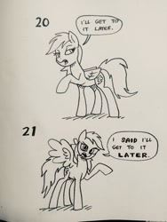 Size: 640x853 | Tagged: safe, artist:docwario, character:rainbow dash, species:pegasus, species:pony, dashtober, dialogue, female, later, looking at you, mare, procrastination, sketch, solo, speech bubble, traditional art