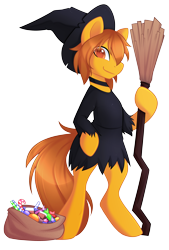 Size: 3068x4531 | Tagged: safe, artist:scarlet-spectrum, oc, oc only, oc:zip circuit, species:earth pony, species:pony, bag, bipedal, broom, candy, clothing, collar, crossdressing, food, halloween, hat, holiday, looking at you, male, simple background, smiling, solo, stallion, transparent background, witch, witch costume, witch hat