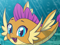 Size: 1026x764 | Tagged: safe, artist:uotapo, edit, character:smolder, cropped, cute, dragon to pufferfish, female, fin, gills, happy, ocean, puffer fish, smolderbetes, smolderpuffs, solo, species swap